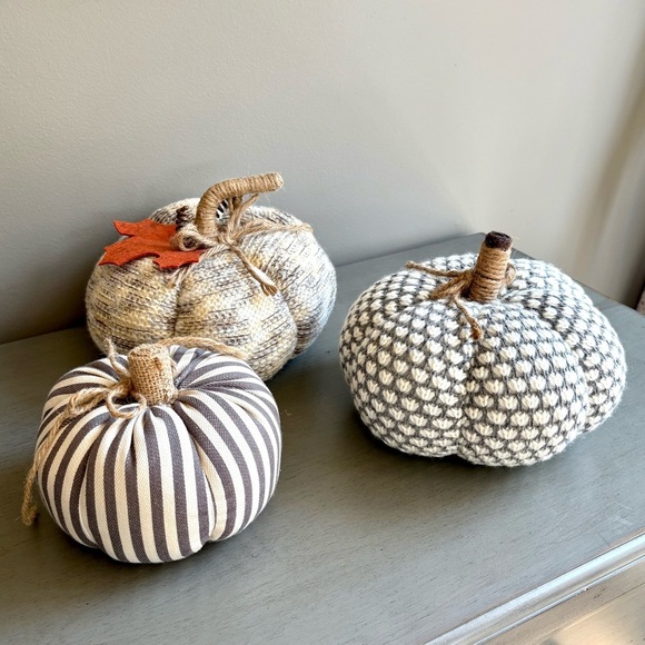 Holiday Halloween Fall Decorative Fabric Pumpkins Set of 3 Gray, White, Cream - Picture 2 of 16